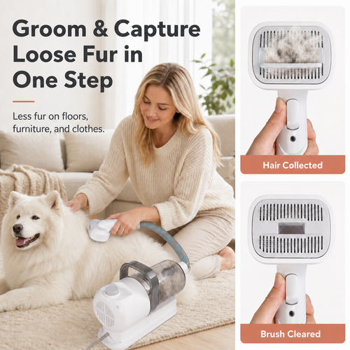 Pet grooming vacuum capturing loose fur while brushing